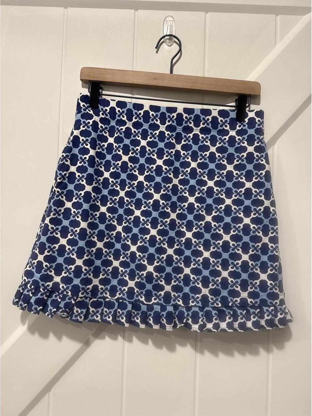J. McLaughlin Blue Patterned Mini Skirt with Ruffle Hem Size S
